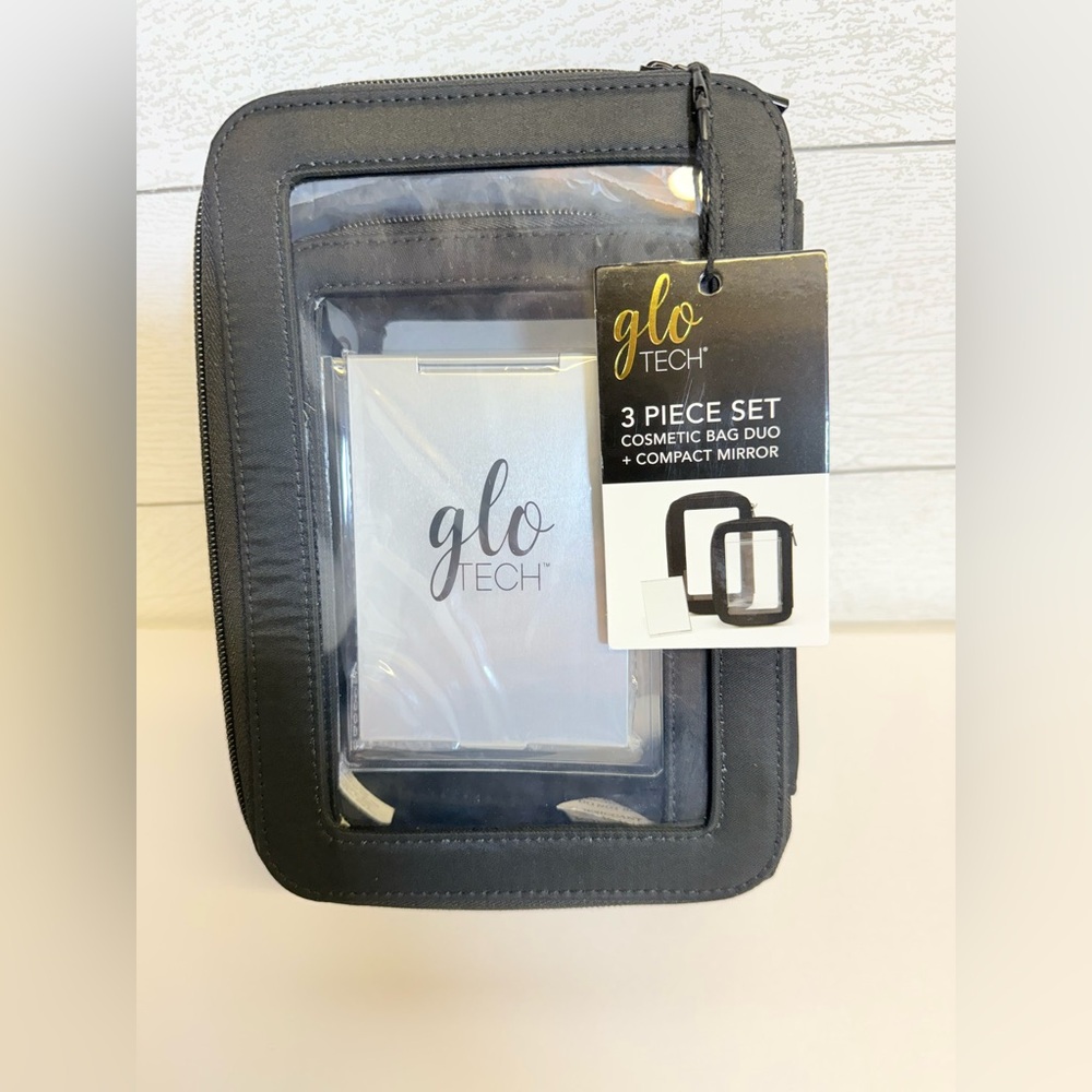 Glo Tech Black Cosmetic Bag Set with Mirror 3 piece